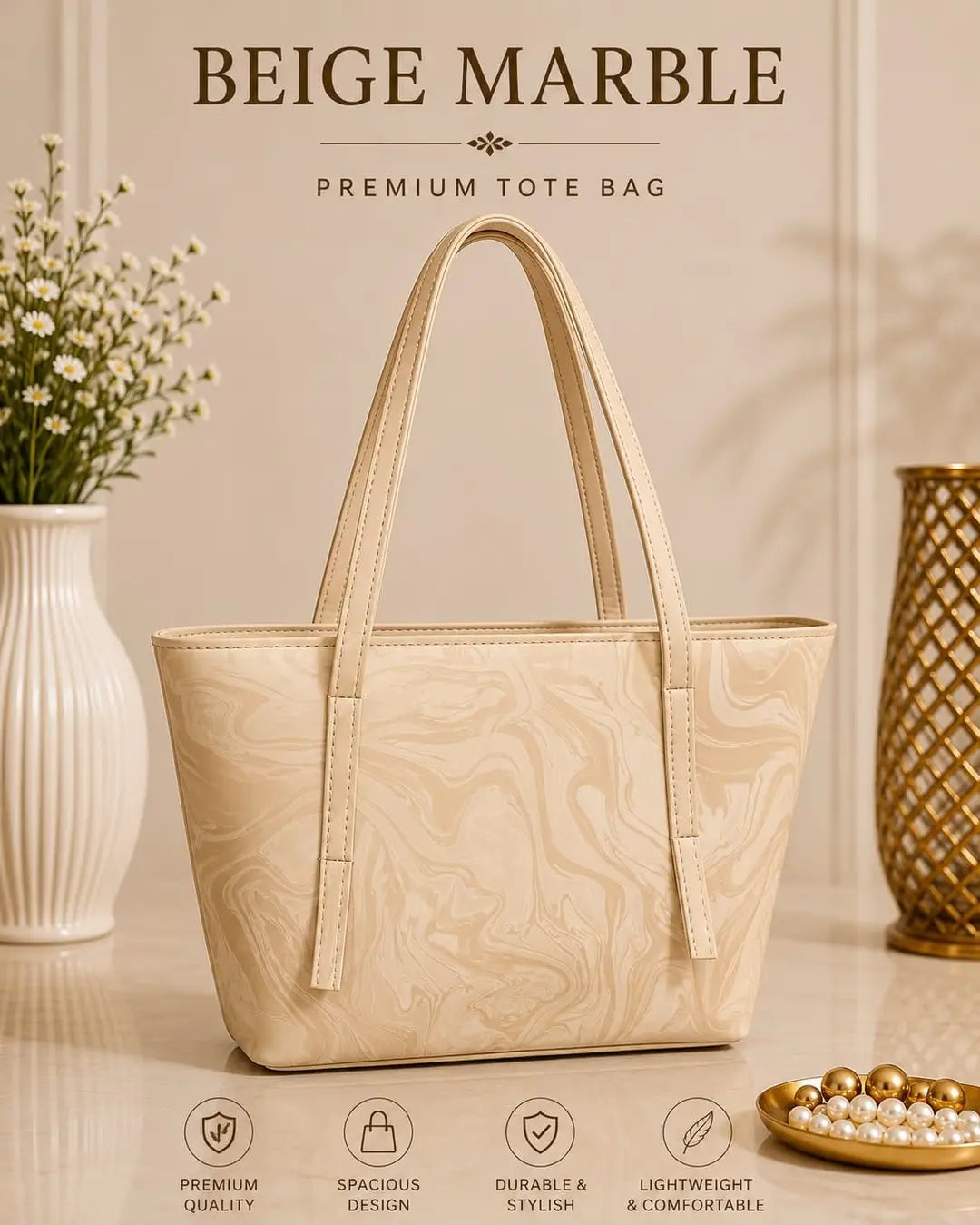 Beige Marble Pattern Premium Tote Bag for Women