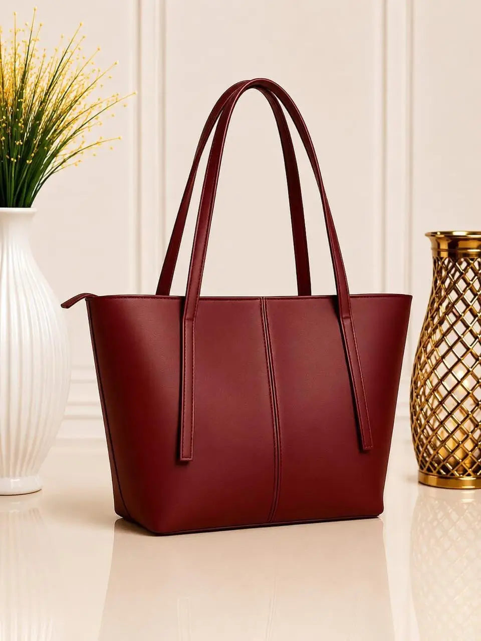 Women's Leather Plain Shoulder Bag - Maroon